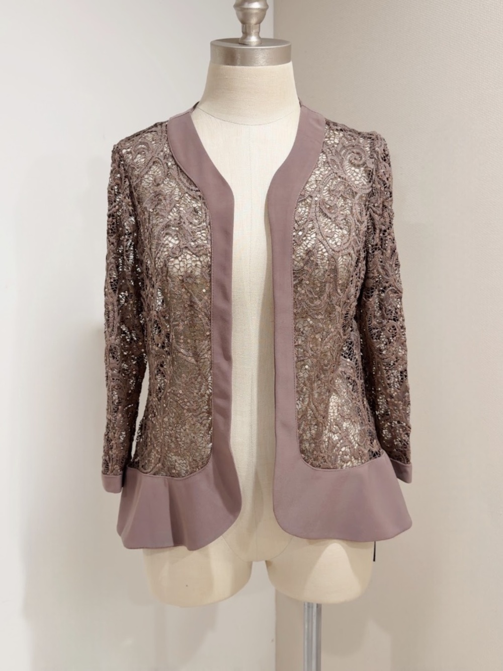 R&M Richards Women's Taupe Mocha Lace Sequin Open-Front Evening Jacket Size 10